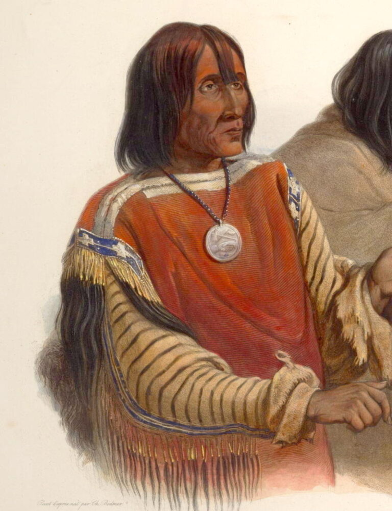 Chief of the Blood tribe. Painting by Karl Bodmer. The body of the war shirt is made of scarlet woolen cloth with white, saved list.