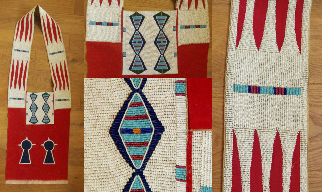 A reproduction of Nez Percé bandolier made by the author of the article. Each detail and design element has been meticulously thought out so that the bandolier fits in with period originals from around 1850-1860. All materials, proportions and design elements were carefully chosen to make the reproduction as close to the historical originals as possible.