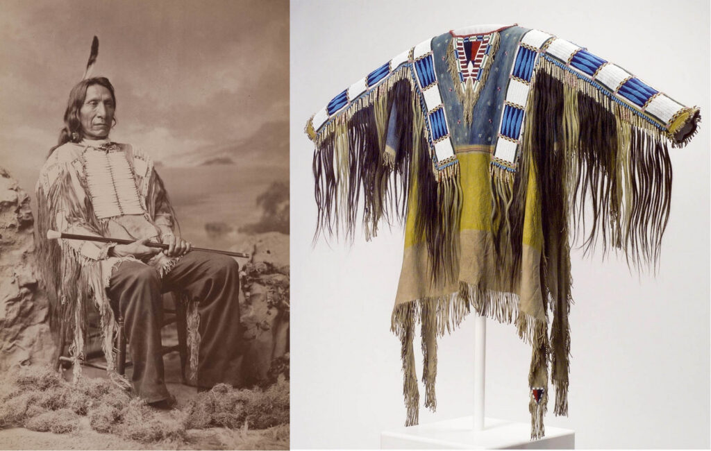 The Oglala Lakota chief Red cloud was one of Lakota "shirt wearers". Photographed by John Hillers in 1880 (on the left). His war shirt (on the right) is now in Buffalo Bill Historical Center in Cody.