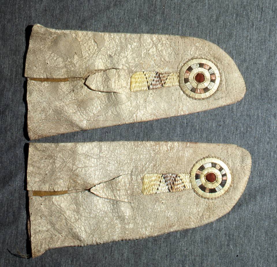 A pair of side seam moccasins from Bernisches Historisches Museum, Switzerland. They are not finished and certainly they were intended for trade.