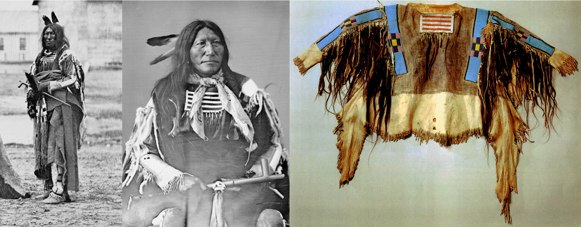 Slow Bull was an Oglala Lakota chief, who, along with Red Cloud, signed the Fort Laramie Treaty in 1868. In the photograph on the left, which was taken by Alexander Gardner to mark the occasion, Slow Bull can be seen wearing a war shirt and leggings, most likely of Crow origin. As can be seen in the middle photograph, he wore the same shirt on other occasions in the 1870's, too. Today, the same shirt look as it does in the photograph on the right. In all likelihood, it was a diplomatic gift from the Crows, as Crow also participated in the Fort Laramie meeting. After all, Crows and Lakotas were traditional enemies at that time.