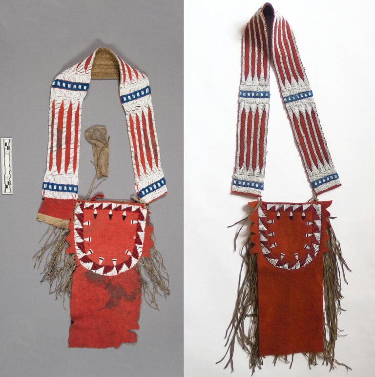 Shooting bag (most likely of Crow origin), collected by Lt. G.K. Warren after the battle of Ash Hollow in 1855. The original is on the left, on the right there is an exact reproduction made by the author of this article. A reproduction does not necessarily have to be an exact copy of an original, but it can be.