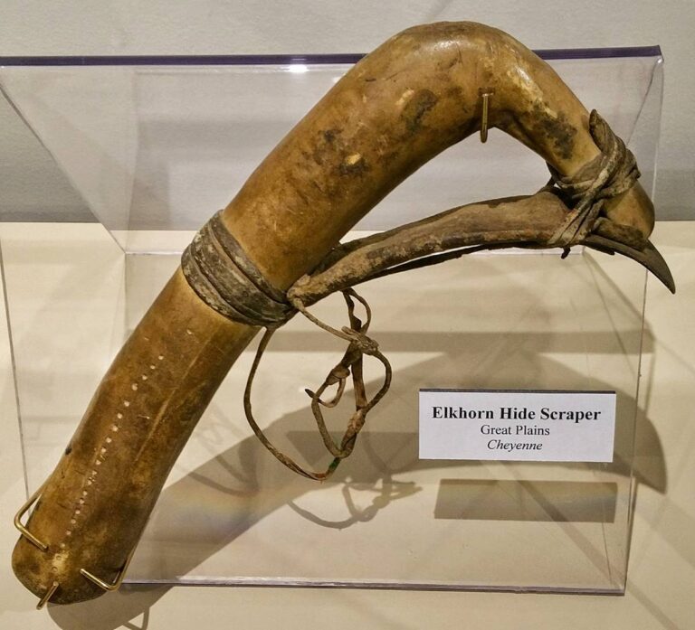 Northern Cheyenne scraper. It is made of an elk antler with a carbon steel blade.