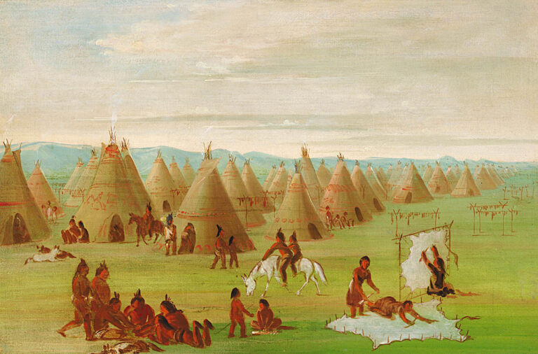 Plains Indian women scraping buffalo hide. Painting by George Catlin. The picture shows both variants, a hide pegged to the ground and a hide laced into a frame.
