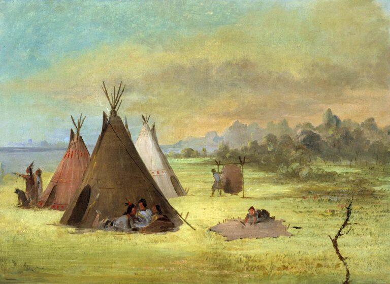 Plains Indian women in a village processing buffalo hides. Painting by George Catlin.