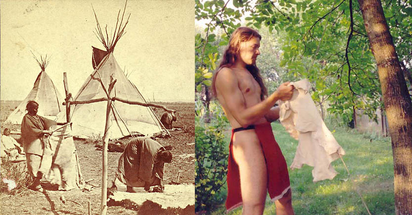 Softening the skin by pulling it over the rope. On the left a period photo from the 19th century; on the right the author of the article.